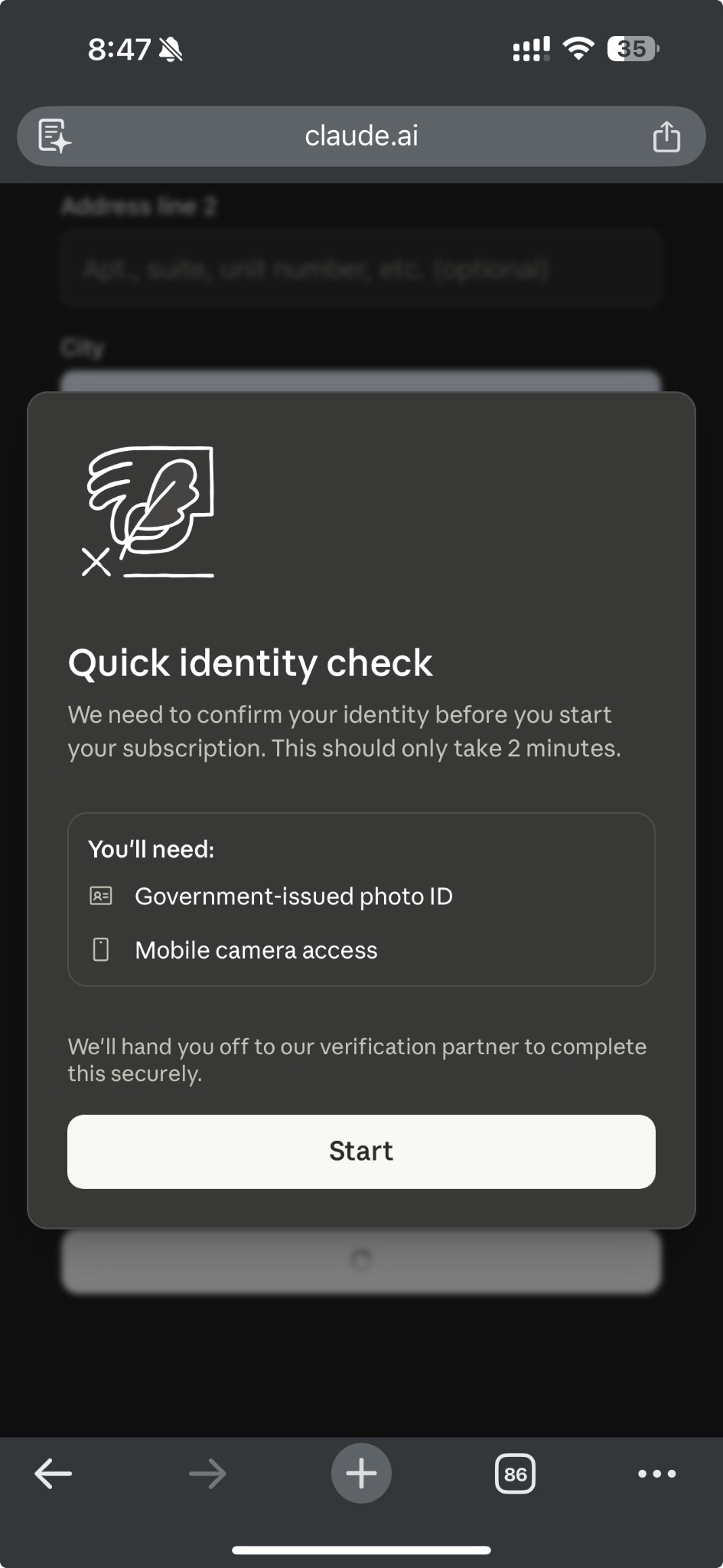 claude.ai quick identity check: government photo id + camera access before subscription